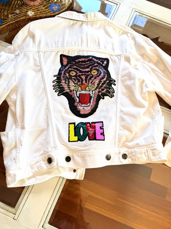 Armani Jeans Jackets & Blazers - Armani Jeans White Denim Jacket with Sequin Tiger Patch and Multicolor LOVE
